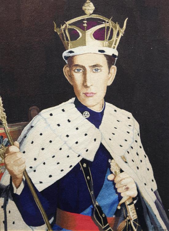 Royal Interest: three needlework pictures of Queen Elizabeth II, Prince Philip and Prince Charles by Olga Pearce, together with a relat
